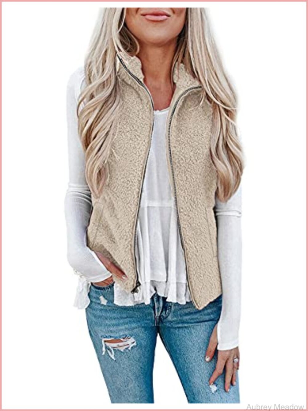 Womens Fuzzy Sherpa Fleece Vest Lightweight Sleeveless Zip Cardigan with Pockets